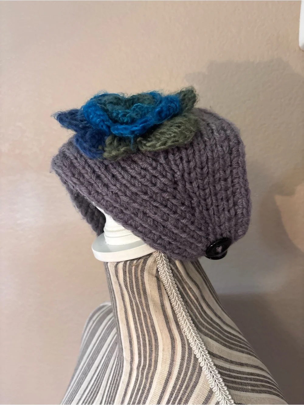 Gray Knit Headband Ear Warmer Earmuff with Blue Green Crochet Flower 3D Accent